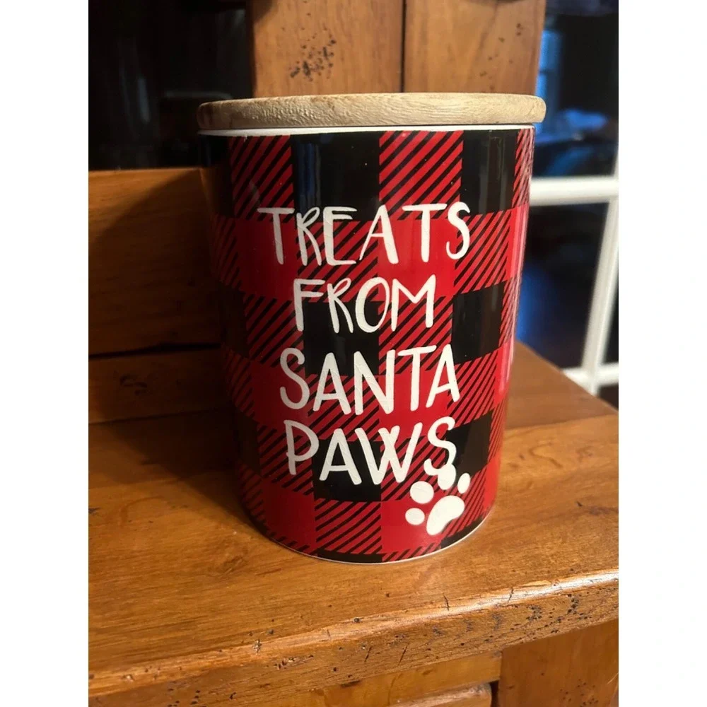 Treats from Santa Paws Plaid Ceramic Cookie Jar EUC